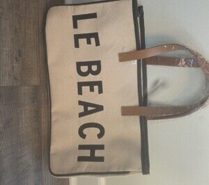 Canvas Carry Tote Bag with Leather Handles - Beige/Black